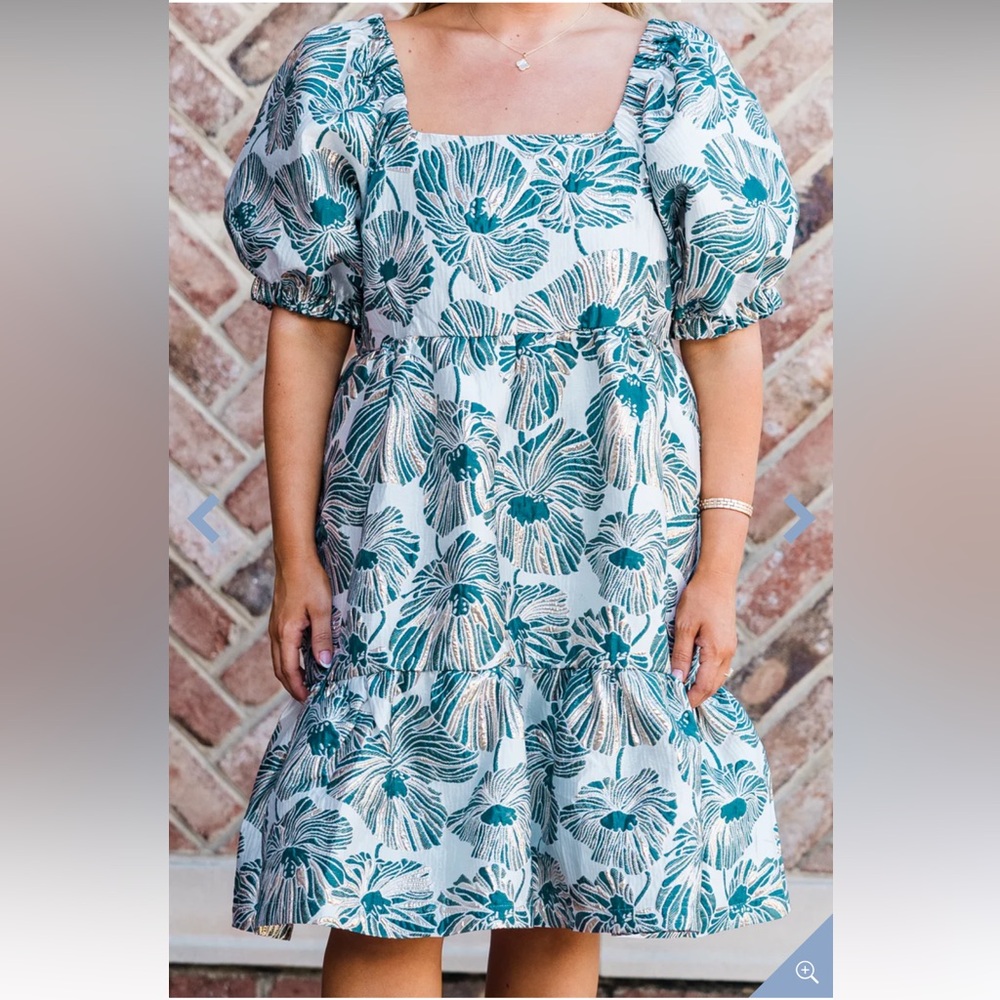 Chic Soul Teal and White Floral Puff-Sleeve Dress
